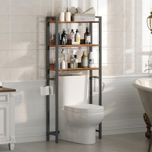 MAHANCRIS Over The Toilet Storage Rack, 3 Tier Bathroom Organizer Over Toilet, Freestanding Space Saver Toilet Stand with 2 Hooks, Bathroom Storage Shelf, Easy to Assemble, Rustic Brown TSHR6001
