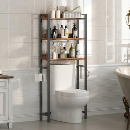 MAHANCRIS Over The Toilet Storage Rack, 3 Tier Bathroom Organizer Over Toilet, Freestanding Space Saver Toilet Stand with 2 Hooks, Bathroom Storage Shelf, Easy to Assemble, Rustic Brown TSHR6001