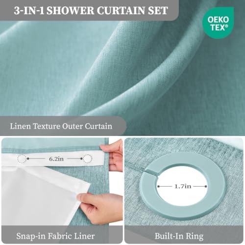 BTTN Teal Ringless Linen Textured Shower Curtain with Snap in Liner, 72x75
