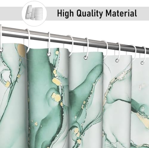 Mint Green Marble Shower Curtain Modern Abstract Luxury Gold Ink Texture Ombre Watercolor Bathroom Curtain Set with Hooks Soft and Lightweight Waterproof Fabric Machine Washable 60" Wx72 L