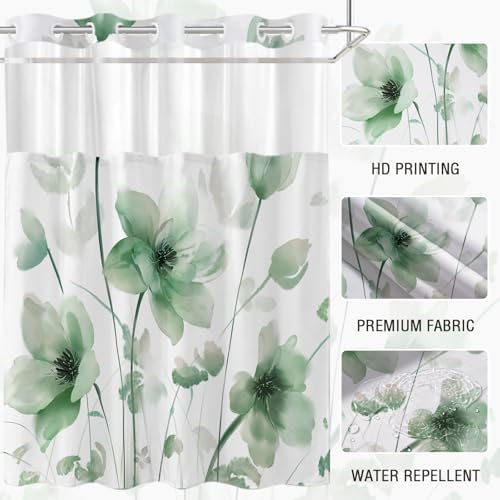 No Hook Shower Curtain and Liner Set, Green Boho Floral 71x74