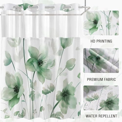 No Hook Shower Curtain and Liner Set, Green Boho Floral 71x74