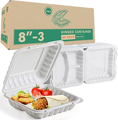 55-Pack 34oz 8 Inch Food Containers - Shrink Wrapped No Pre-Wash | 3-Compartment Reusable & Secure Snap Closure | Bpa Free Microwave Safe for Leftovers, Work Meals, Takeout & Meal Prep, White