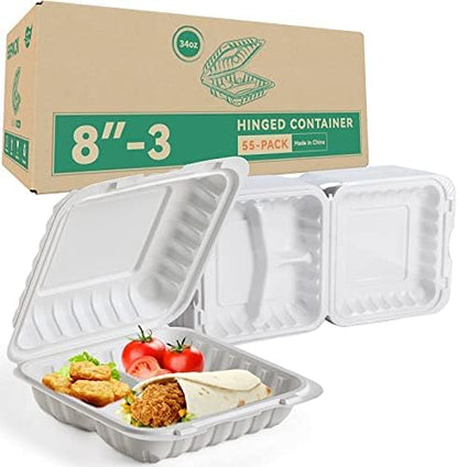 55-Pack 34oz 8 Inch Food Containers - Shrink Wrapped No Pre-Wash | 3-Compartment Reusable & Secure Snap Closure | Bpa Free Microwave Safe for Leftovers, Work Meals, Takeout & Meal Prep, White