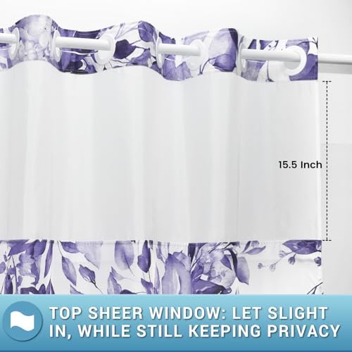 WITHLOC No Hook Floral Shower Curtain with Liner, Eucalyptus Purple, 71x74