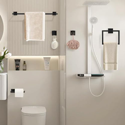 YACVCL Black Towel Bar Set 5-Piece Bathroom Hardware Accessories Set,SUS304 Stainless Steel Towel Rack Set,23.6 Inch Towel Bar,Toilet Paper Holder,Towel Ring and Towel Hooks,Wall Mounted