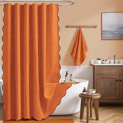 BTTN Burnt Orange Boho Scalloped Linen Textured Cloth Shower Curtain, 72x72