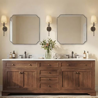 ANDY STAR 24x24 Inch Square Mirror, Matte Black Vanity Mirror, Modern Scalloped Bathroom Mirror in Premium Stainless Steel Thin Frame, Unique Rounded Notched Corners