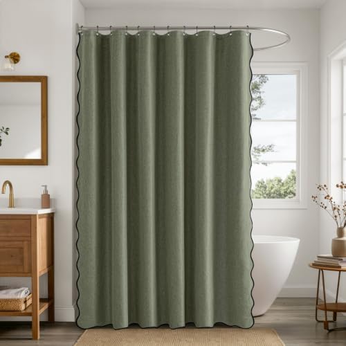 ANRODUO Olive Green Scalloped Linen Textured Shower Curtain, W72 x L108