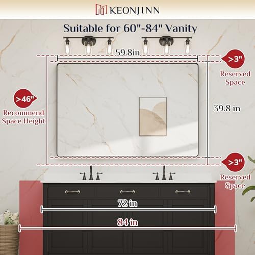 Keonjinn 60 x 40 Inch Black Bathroom Mirrors for Over Sink, Tempered Glass