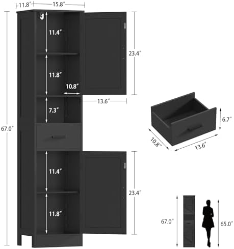 TEENFON 67" H Tall Bathroom Storage Cabinet with Barn Doors and Drawer