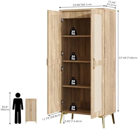 JASIWAY Tall Bathroom Storage Cabinet 57" Rattan Pantry Cabinet, Wood