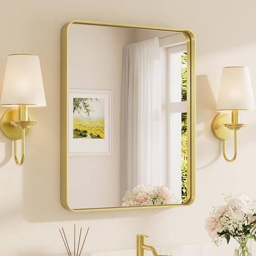 TETOTE Brushed Gold Bathroom Mirror, 24 x 30 Inch Metal Framed Mirror, Brushed Brass Rectangle Wall Mounted Golden Vanity Mirror (Horizontal/Vertical)