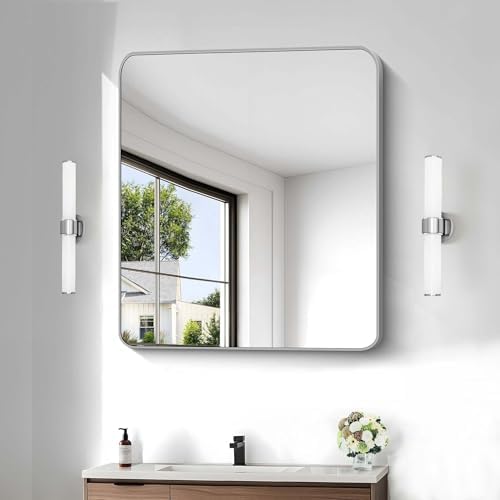 Silver Bathroom Mirror, 30 x 36 Inch Metal Framed Silver Rectangle Mirror, Rounded Corner Rectangular Vanity Mirror, Wall Mounted Mirror for Living Room Bedroom Entryway Horizontal/Vertical