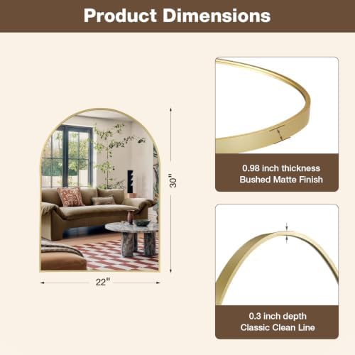 22"x30" Brushed Gold Arched Vanity Bathroom Mirror, Set of 2