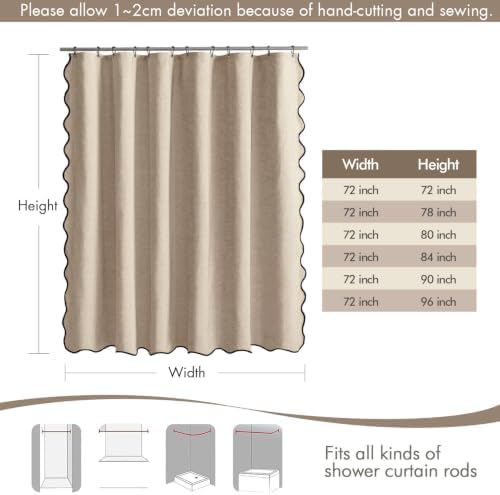 MIULEE Copper Brown Extra Long Scalloped Linen Shower Curtain 72x80 Inches