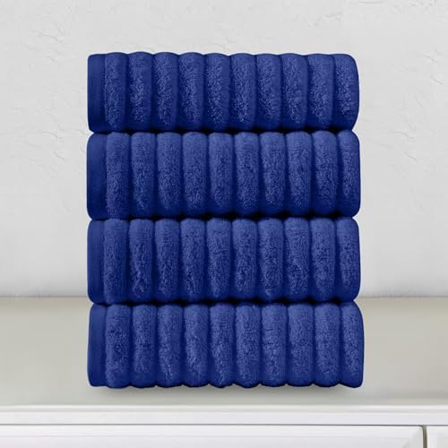 Elegant Comfort Luxury 100% Turkish Cotton Corduroy Ribbed 4 Pack Hand Towel Set 16 x 28 Inch - Absorbent, Super Soft, Quick Dry, Premium Towels for Bathroom, Gym, Spa and Hotel Use, Royal Blue