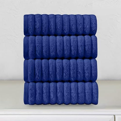 Elegant Comfort Luxury 100% Turkish Cotton Corduroy Ribbed 4 Pack Hand Towel Set 16 x 28 Inch - Absorbent, Super Soft, Quick Dry, Premium Towels for Bathroom, Gym, Spa and Hotel Use, Royal Blue