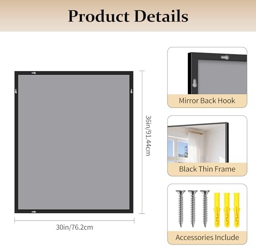 COFENY Black Bathroom Mirror for Wall, 30x36 Inch Rectangle With Metal Frame, Modern Vanity for Bathroom Living Room, Entryway Hangs Horizontal or Vertical
