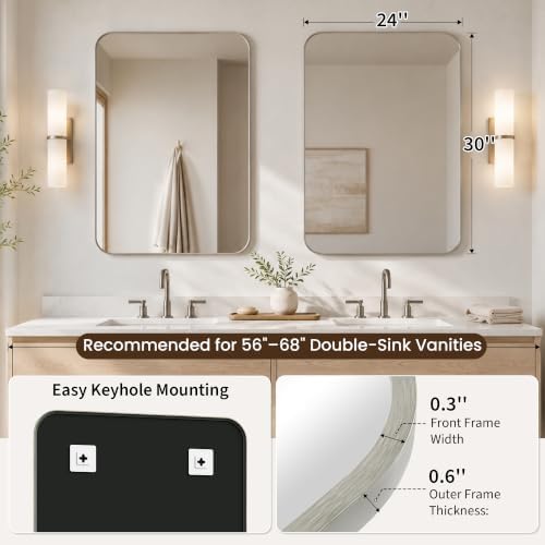 2-Pack 24x30 Inch Brushed Nickel Rounded Rectangle Vanity Mirrors