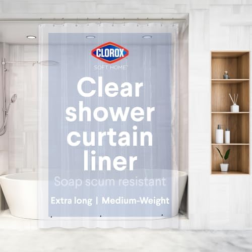 Clorox Shower Curtain Liner, Premium Medium-Weight Durable Waterproof 6g PEVA for Bathroom with Weighted Magnets, Extra Long 72" x 84", Clear 1 Pack