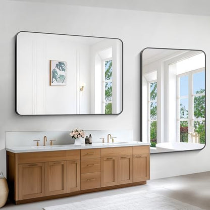 BONEWEI Black Bathroom Mirror,60x40 inch Wall Mirror for Bathroom Wall Mounted,Rectangle Mirror for Bathroom Over Sink,Modern Frame Round Corner for Living Room,Bedroom Entryway,Horizontal/Vertical