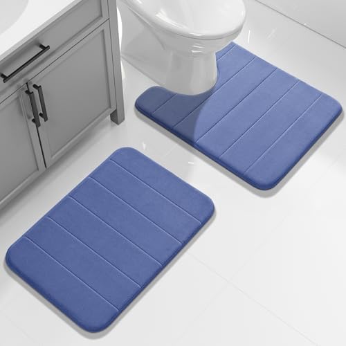 Yimobra Memory Foam Bathroom Mat Set, 24 x 17 & 24 x 20 in, Navy Blue