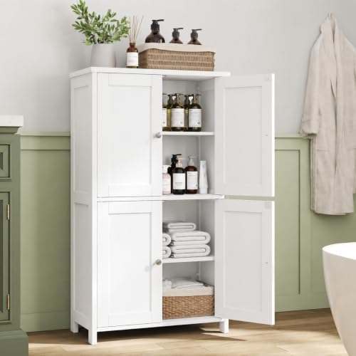 Nuturelly Bathroom Floor Storage Cabinet, 4 Doors, Anti-Tip, White