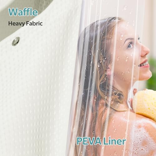 Vipfree 3 in 1 Shower Curtain Set, Waffle Shower Curtain and Liner Set with 12 Double Sided Shower Curtain Hooks, 258GSM Luxury Weighted Cloth Shower Curtains for Bathroom, 72 W x 72 H, Cream