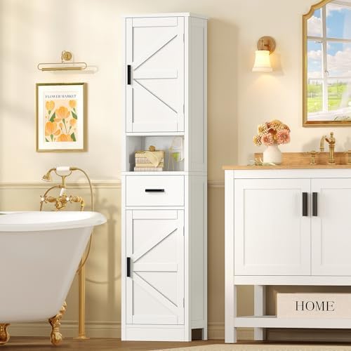TEENFON 67" H Tall Bathroom Storage Cabinet with Barn Doors and Drawer