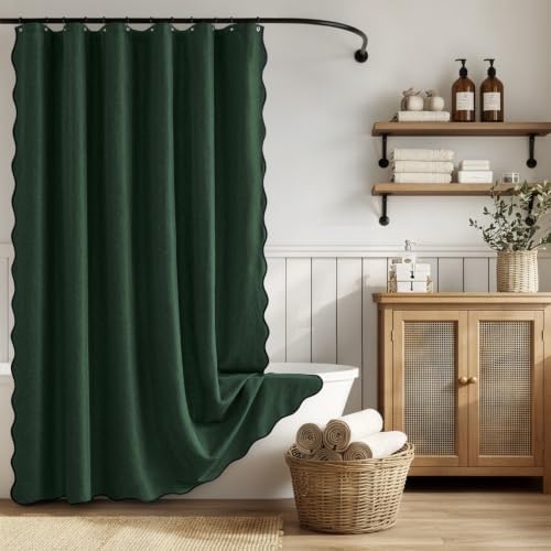ANRODUO Dark Green Scalloped Linen Textured Shower Curtain, W72 x L72