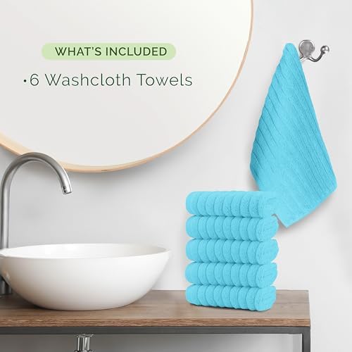 Elegant Comfort 100% Turkish Cotton Corduroy Ribbed Luxury Washcloths 6 Pack Soft 13 x 13 Inch - Higly Absorbent, Durable, Quick Dry, Spa Premium Hotel Quality for Bathroom or Travel, Aqua