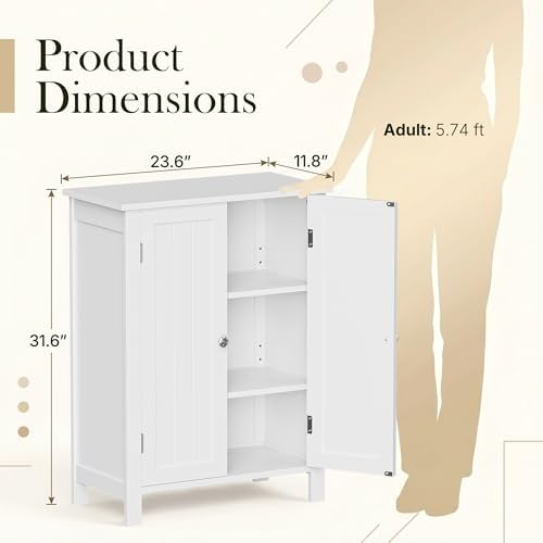 ZENY Bathroom Floor Storage Cabinet with Double Door + Adjustable Shelf, Wooden Organizer Cabinet for Living Room, Bathroom, Bedroom, Modern Home Furniture (White)