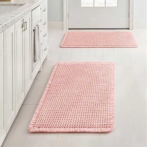 MIULEE Set of 2 Waffle Bathroom Rugs Boho Bath Mat Pink 17x24 Inch