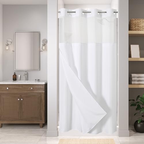 eachope No Hook Linen Texture Shower Curtain with Snap-in Liner,60x74 White