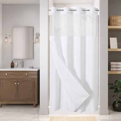 eachope No Hook Linen Texture Shower Curtain with Snap-in Liner,60x74 White