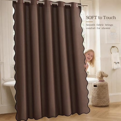 Furlinic Brown Shower Curtain No Hook Scalloped Waterproof Fabric W48 x H75