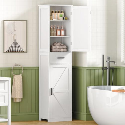 WEENFON Tall Bathroom Cabinet, Storage Cabinet with 6 Shelves & Drawer, Bathroom Storage Cabinet with Adjustable Shelves, Tall Cabinet for Living Room, Home Office, White