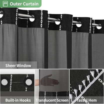 eachope Extra Long No Hook Shower Curtain with Snap-in Liner,71x86,Black