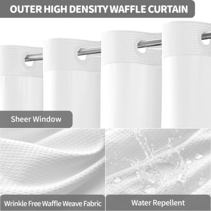 Dynamene White Hook Free Waffle Shower Curtain & Snap-in Fabric Liner,72x93