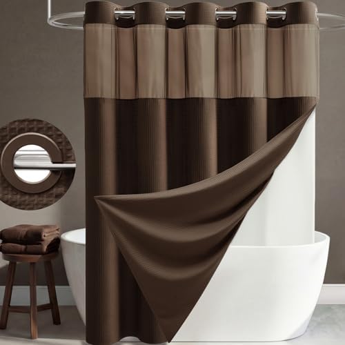 Dynamene Brown Hook Free Waffle Shower Curtain & Snap-in Fabric Liner,72x81