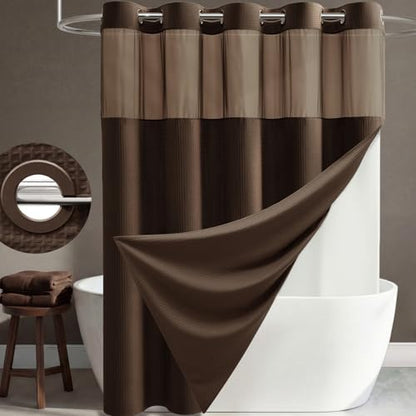 Dynamene Brown Hook Free Waffle Shower Curtain & Snap-in Fabric Liner,72x99