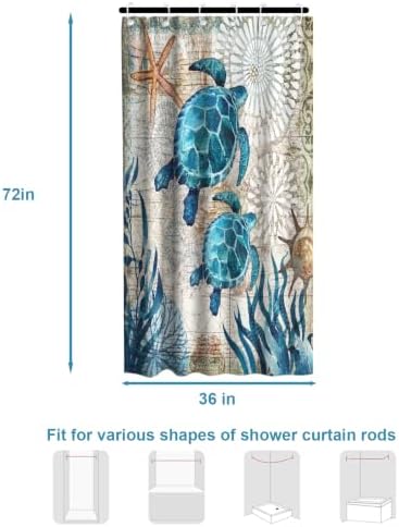 Nautical Ocean Beach Shower Curtain, Cute Coastal Sea Turtles Shower Curtains for Bathroom, Waterproof Bath Curtain with Hooks Machine Washable Bathtub Curtains 36x72 Inch Blue Teal