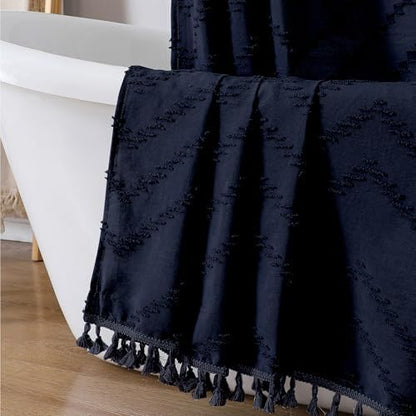 OWENIE Boho Shower Curtain, Navy Blue Fabric Cloth Shower Curtains Farmhouse Tufted Chevron Striped Textured with Tassel for Bathroom, Soft Hotel Style Modern Minimalist, Machine Washable, 72x72