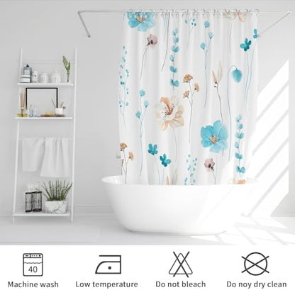 Gibelle Light Blue Beige Watercolor Floral Fabric Shower Curtain, 72x72