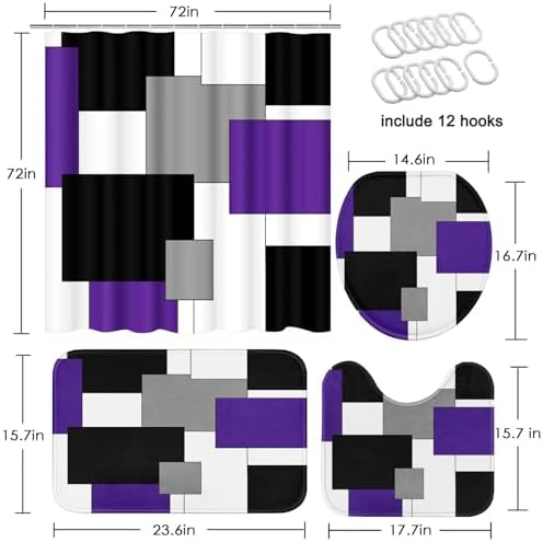 Bathroom Sets with Shower Curtain and Rugs, 4 Pcs, Geometric Purple