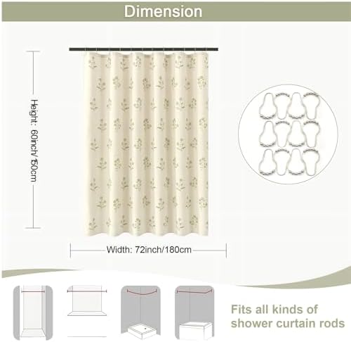 ORTIGIA Linen Shower Curtain 60 W x 72 L Farmhouse Vintage Sage Green Floral Shower Curtains Modern Boho Rustic Block Print Cottagecore Decor for Bathroom