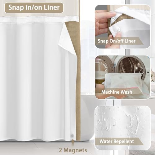 No Hook Shower Curtain with Liner Set Hotel Waffle Curtain Beige 72W X 75L