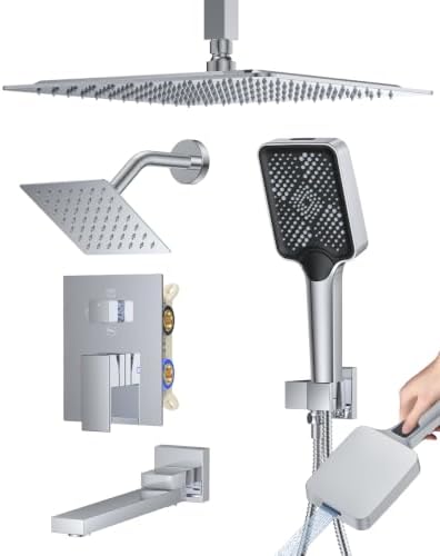 Woindo 4 Function Shower Faucet Set 12" Rain Shower Head/6'' Side Shower Head and 3 Setting Handheld Ceiling Mount Push Button Diverter Complete Rainfall Round Shower System Included Valve Trim Kit