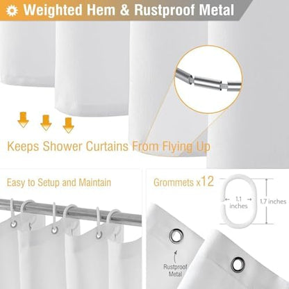 BTTN 72x90 Linen Textured Waterproof Thick Fabric Shower Curtain Set, White